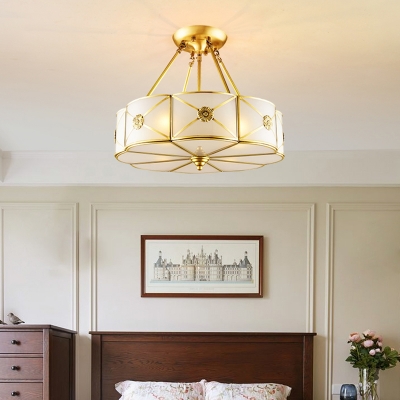 Minimalist Drum Chandelier Light Frosted Glass Pendant Light Fixture in Brass for Bedroom