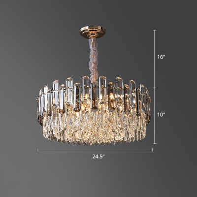 Minimalistic Chandelier Lamp Clear Drum Shaped Suspension Pendant Light with Crystal Shade
