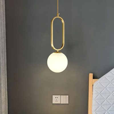 Modern Ball Shade Hanging Lighting Opal Matte Glass 1 Bulb Bedside Drop Pendant with Oval Frame in Gold