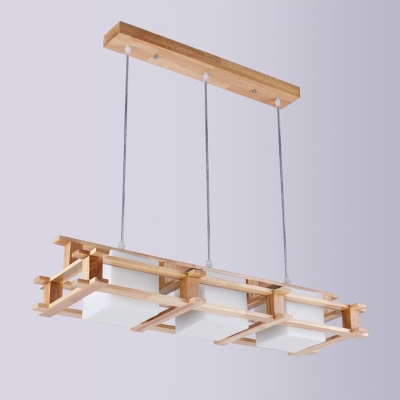 Modern Rectangle Island Pendant Lamp Wooden 3-Head Restaurant Hanging Light with Cubic Opal Glass Shade
