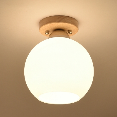 Nordic Style Small Flush Mount Ceiling Light Fixture White Glass 1 Head Kitchen Flushmount in Wood