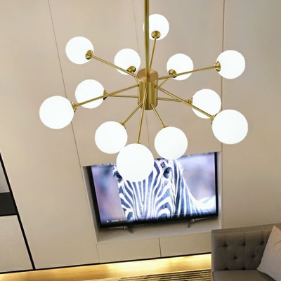 Sphere Chandelier Lighting Minimalist Cream Glass Living Room Pendant Light in Gold