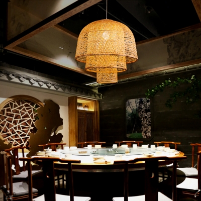 Tiered Suspension Light Simplicity Bamboo 1-Light Restaurant Pendant Light Fixture in Wood