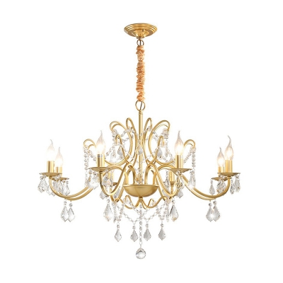 Traditional Candlestick Ceiling Lighting Metallic Chandelier Light with Dangling Crystal in Gold