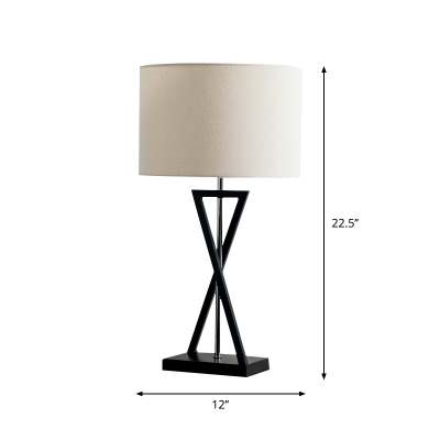 White Drum Night Table Lamp Modern 1 Bulb Fabric Nightstand Light with Triangle Base