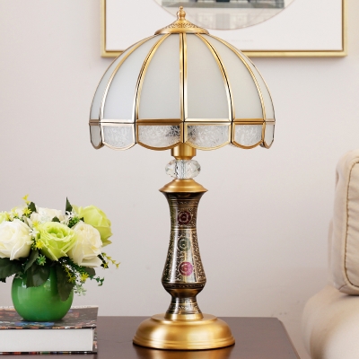 White Glass Hemispherical Table Light Antique 1-Light Bedroom Night Lamp with Scalloped Edge in Brass