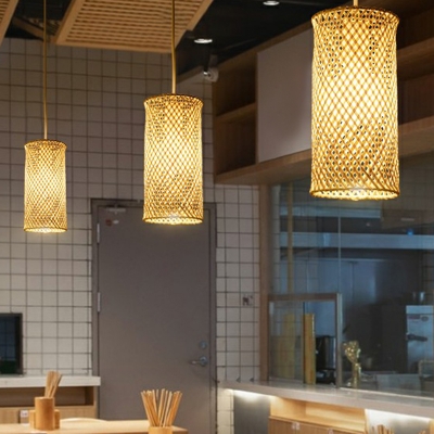 Woven Geometric Shaped Ceiling Pendant Asian Bamboo 1 Head Wood Hanging Light Fixture