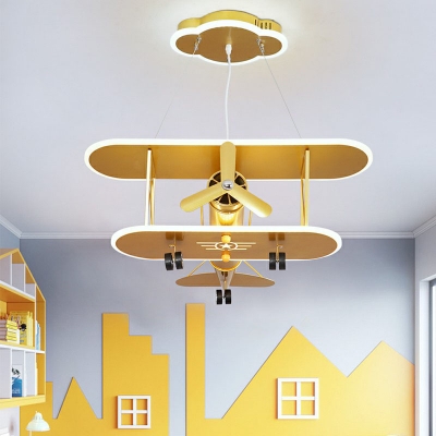 Yellow Finish Biplane Pendant Lighting Childrens LED Metal Ceiling Chandelier for Playroom
