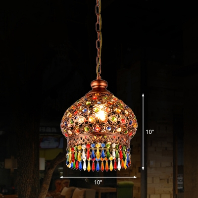 1-Light Lantern Ceiling Lamp Bohemian Copper Multicolored Crystal Hanging Pendant Light