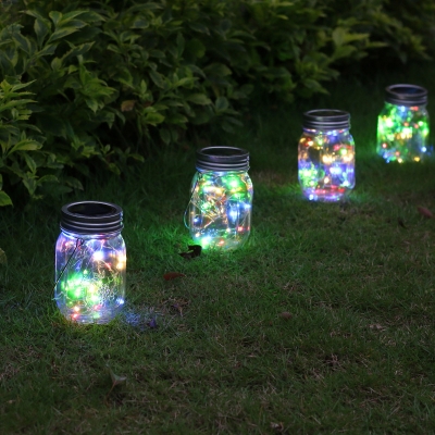 4 Pcs Minimalist Mason Jar LED Pendant Light Clear Glass Courtyard Solar Hanging Lamp