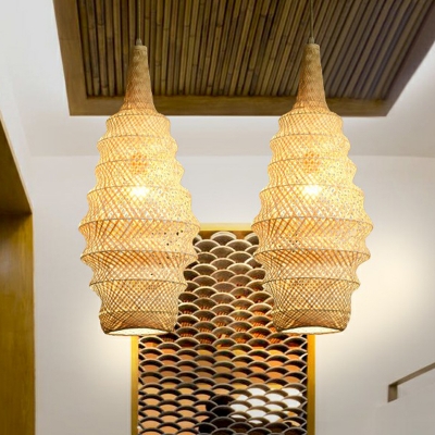 Asian Fish Trap Shaped Drop Pendant Bamboo Single-Bulb Dining Room Hanging Light in Wood