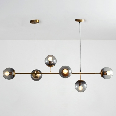 Ball Dining Room Island Pendant Light Smoke Grey Glass 6 Bulbs Postmodern Hanging Lamp in Bronze