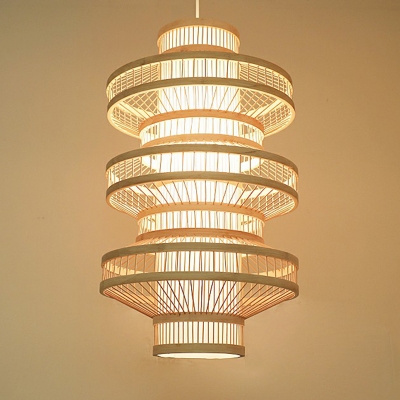Bamboo Spool Shaped Pendant Ceiling Light Contemporary 1-Head Wood Suspension Lamp over Table
