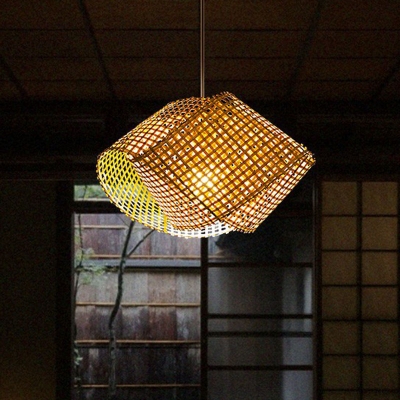 Bamboo Woven Suspension Lighting Asian Style Single-Bulb Wood Hanging Ceiling Light