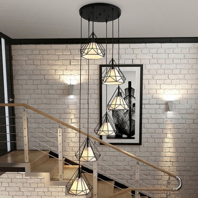 Black Diamond Cage Multi Ceiling Light Vintage 6-Head Metal Hanging Lamp for Stairs