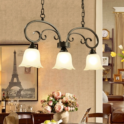 Black Scrolls Suspension Light Vintage Metal 3-Head Dining Room Island Lamp with Floral White Glass Shade