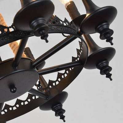 Candlestick Dining Room Ceiling Pendant Vintage Iron Black Chandelier with Rope Accent