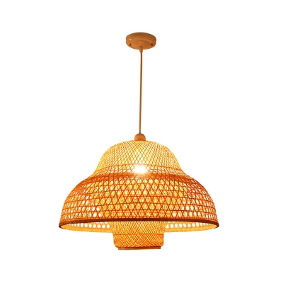 Chinese Hot Pot-Shaped Ceiling Light Bamboo Single Restaurant Hanging Pendant Light in Wood