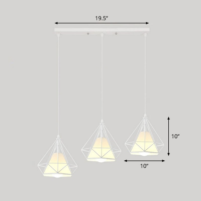 Fabric Cone Multiple Lamp Pendant Nordic 3 Heads Dining Room Hanging Light with Diamond Shaped Cage