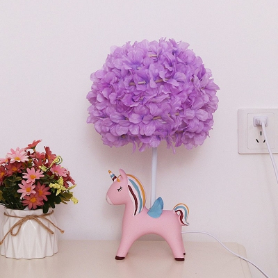 Floral Globe Bedside Table Lamp Fabric 1-Head Kids Night Light with Animal Pedestal