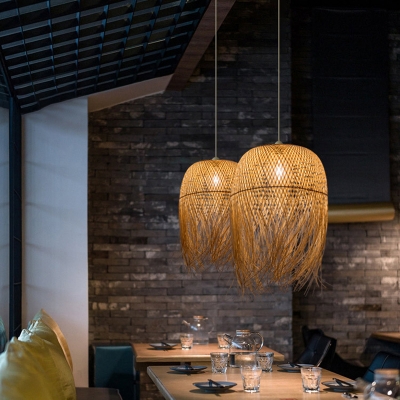 Fringed Bell Tea Room Suspension Light Bamboo 1-Light Simplicity Pendant Light Fixture in Wood