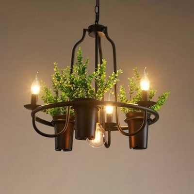 Green 4 Heads Chandelier Industrial Metal Circular Hanging Light Fixture with Decorative Plant