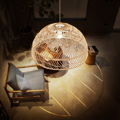 Hemispherical Pendant Light Contemporary Rattan Single-Bulb Restaurant Suspension Light in Wood