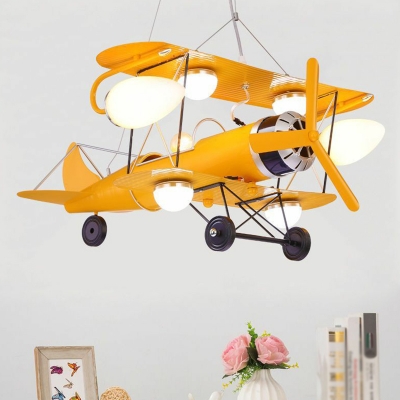 Jet Plane Child Room Chandelier Lamp Metallic Modern LED Hanging Lighting in Yellow