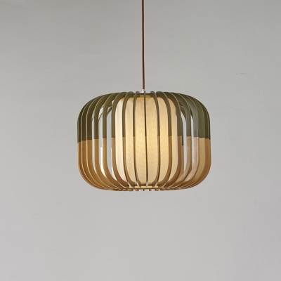 Lantern Wood Suspension Lighting Minimalist 1 Bulb Yellow-Green Pendant Ceiling Light