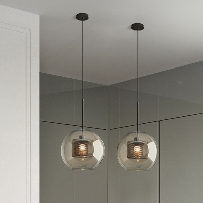 Mesh Screen Restaurant Suspension Lamp Metal 1 Head Postmodern Pendant Light with Cognac Glass Shade