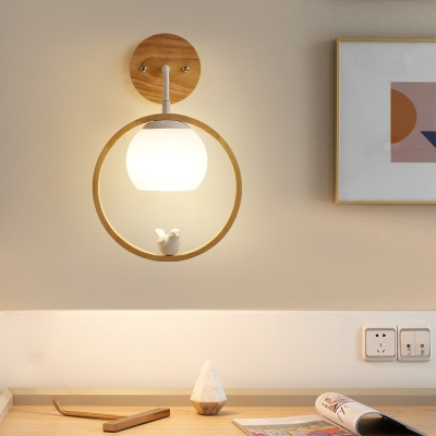 Milk Glass Dome Wall Lamp Nordic 1 Head Beige Sconce Light Fixture with Bird Deco and Wooden Ring
