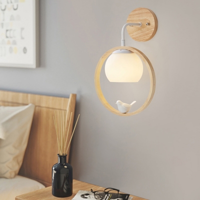 Milk Glass Dome Wall Lamp Nordic 1 Head Beige Sconce Light Fixture with Bird Deco and Wooden Ring