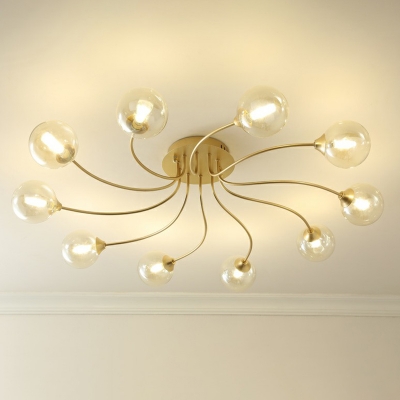 Minimalist Ceiling Mount Lamp Gold Whirl Semi Flush Light Fixture with Ball Glass Shade