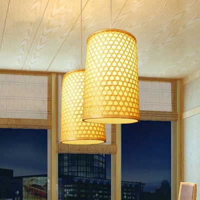 Minimalist Cylindrical Pendant Lighting Bamboo 1 Bulb Restaurant Ceiling Hang Light in Beige