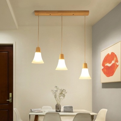 Modern Geometric Multiple Lamp Pendant White Glass 3-Bulb Dining Room Ceiling Light in Wood