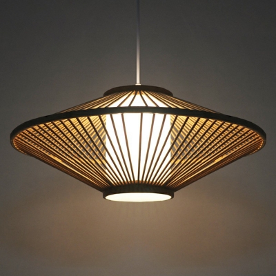 Modern UFO Shaped Drop Pendant Bamboo 1-Light Dining Room Suspension Lamp in Wood