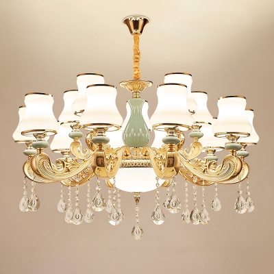 Opaline Glass Gold Plated Chandelier Curve Traditional Pendant Light with Teardrop Crystals
