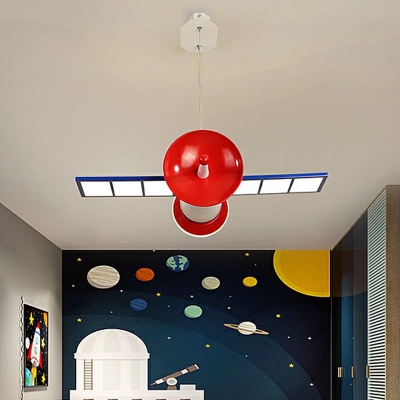 Red Space Satellite Hanging Lighting Kids Metallic LED Pendant Chandelier for Bedroom