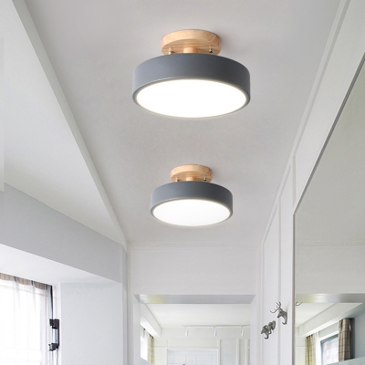 Round Aisle LED Ceiling Flush Light Acrylic Macaron Semi Mount Lighting with Wooden Canopy