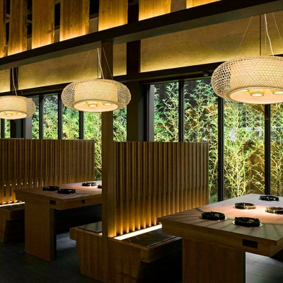Round Bamboo Pendant Chandelier Asian 4 Lights Wood Hanging Light for Restaurant