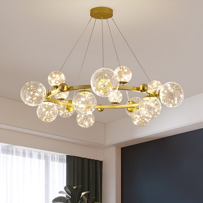 Round Living Room Chandelier Light Clear Handblown Glass Simplicity LED Pendant Light Fixture in Gold