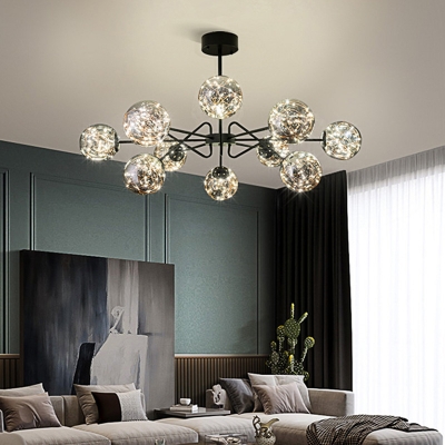 Sphere Handblown Glass Chandelier Lighting Minimalist Black LED Pendant Light for Dining Room