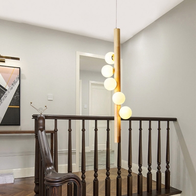 Spiral Stairs Pendant Chandelier Milky Ball Glass 5-Light Artistic Hanging Light with Vertical Wood Pole