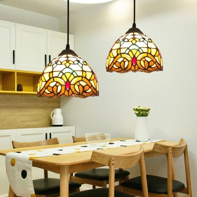 Stained Glass Floral Ceiling Lighting Tiffany Single Beige Pendant Light for Dining Room