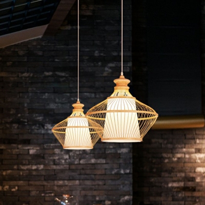 Urn Shaped Cage Ceiling Suspension Lamp Modern Bamboo 1-Light Restaurant Hanging Light