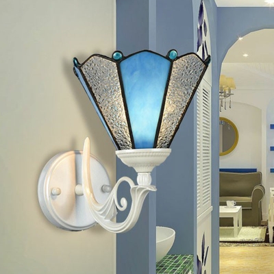 White 1-Light Wall Sconce Mediterranean Blue and Water Glass Conical Wall Mount Light for Corridor