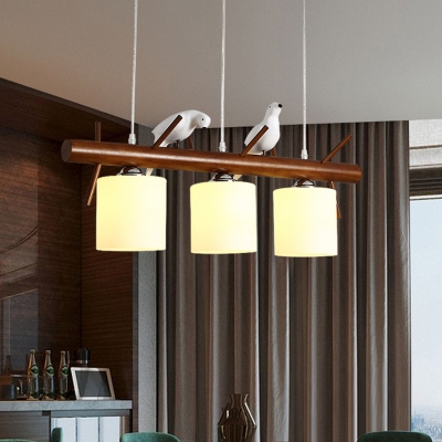 White Glass Cylinder Pendant Light Modern Brown Island Light Fixture with Bird Decor