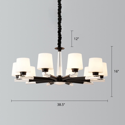 White Glass Hanging Light Minimalist Black-Chrome Radial Parlor Chandelier with Tapered Shade