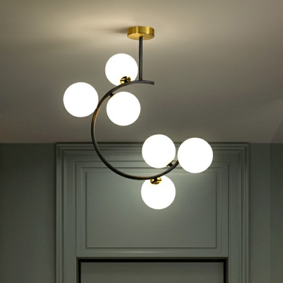White Glass Orbs Semi Flush Light Nordic Black and Brass Ceiling Lighting for Corridor
