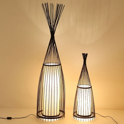 Wooden Conical Floor Lamp Asian Single-Bulb Standing Light with Shade Inside for Living Room